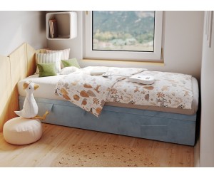 Polsterbett 90x200 cm, Jugendbett mit Bettkasten, Hotelbett HUGO 1R