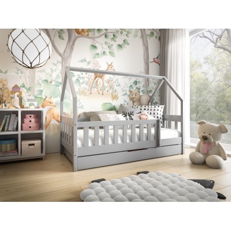 Holzbett 80x160 cm mit Schublade, Kinderbett, HAUSBETT, Einzelbett in drei Farbvarianten, TYMEK