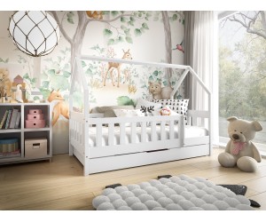 Holzbett 80x160 cm mit Schublade, Kinderbett, HAUSBETT, Einzelbett in drei Farbvarianten, TYMEK