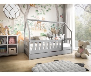 HAUSBETT 80x190 cm mit Schublade und Rausfallschutz, Holzbett, Kinderbett in drei Farbvarianten, TYMEK 2