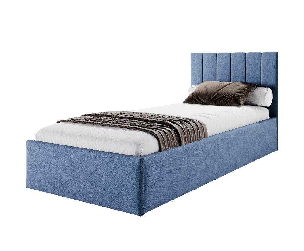 Einzelbett 120x200 cm für Jugendzimmer mit Bettkasten, Lattenrost, vertikale Nähte, vom Fußteil geöffnet, AZURO S04 Einzelbett 120x200 cm für Jugendzimmer mit Bettkasten, Lattenrost, vertikale Nähte, vom Fußteil geöffnet, AZURO S04