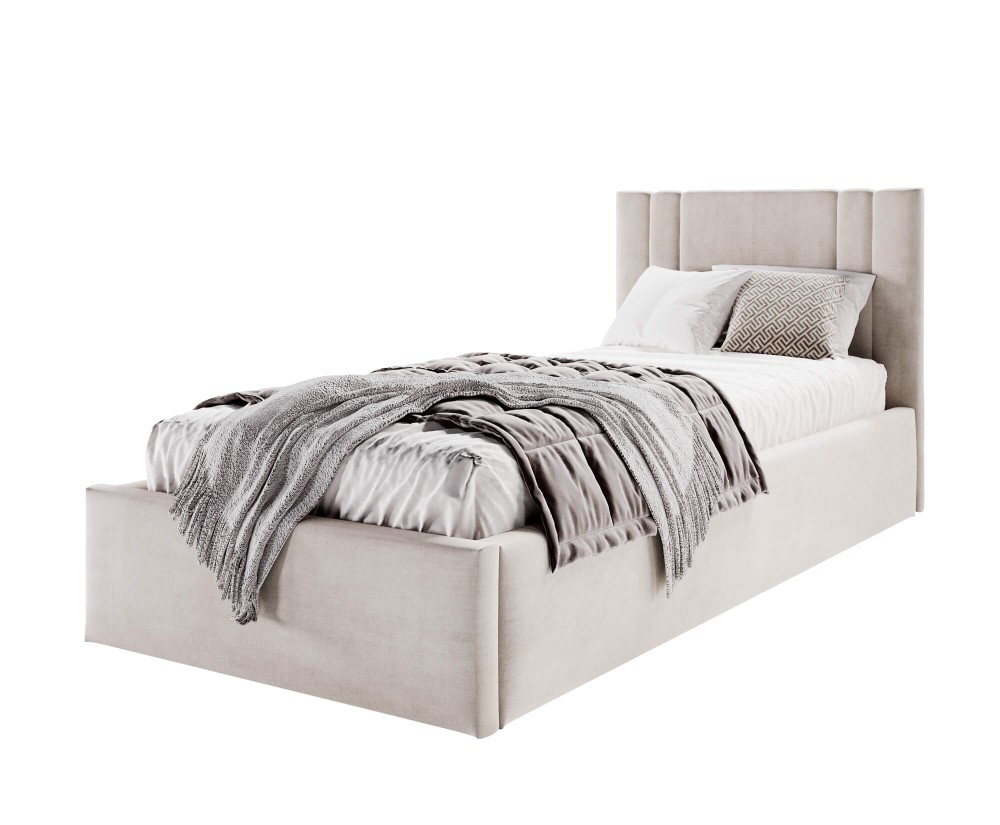 Einzelbett 120x200 cm mit Bettkasten, Lattenrost und pflegeleichtem Stoff, vom Fußteil geöffnet, AZURO S08