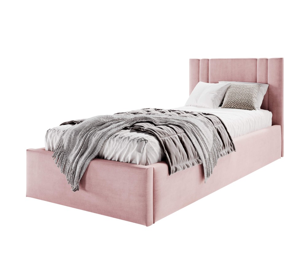Einzelbett 120x200 cm mit Bettkasten, Lattenrost und pflegeleichtem Stoff, vom Fußteil geöffnet, AZURO S08