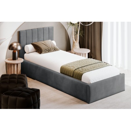 AZURO S04 Einzelbett 120x200 cm für Jugendzimmer mit Bettkasten, Lattenrost, vertikale Nähte, vom Fußteil geöffnet