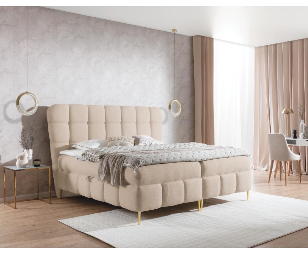 Kontinentalbett 120x200 cm, Ehebett mit Bettkasten, Kopfteil, dekorative Steppung, goldene Füße, PRATO K30 