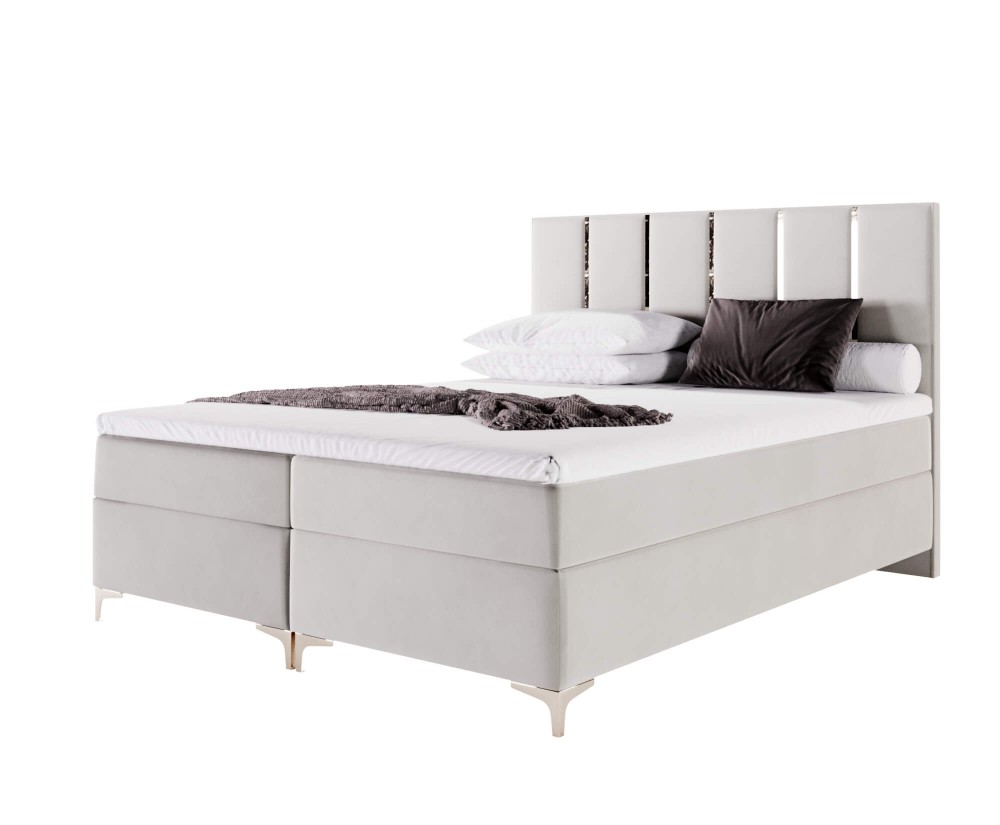 Boxspringbett 160x200 cm, Ehebett auf Füßen, dekoratives Kopfteil mit goldenen Akzenten, Bett für Dachschräge, SANTIAGO 2