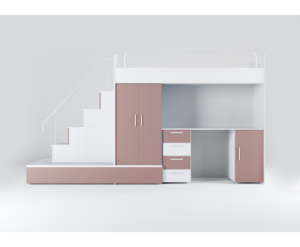 Etagenbett mit Treppe, Kleiderschrank, Schreibtisch und Ausziehbett