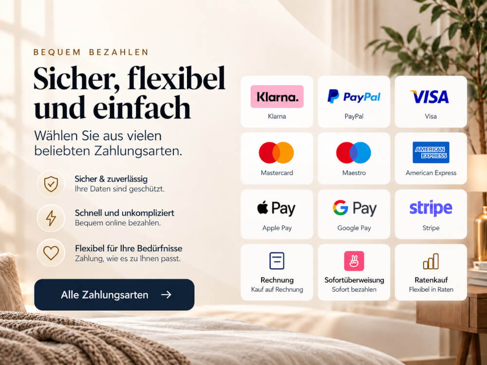 Sicher, flexibel und einfach bezahlen: Klarna, PayPal, Kreditkarte, Apple Pay, Google Pay, Rechnung, Ratenkauf